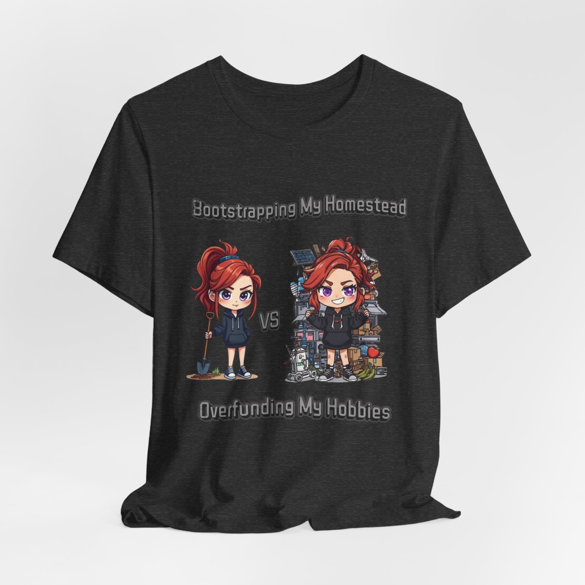 Homesteading vs Hobbies T-Shirt | Cute Chibi Woman Illustration, Funny Contrast Tee