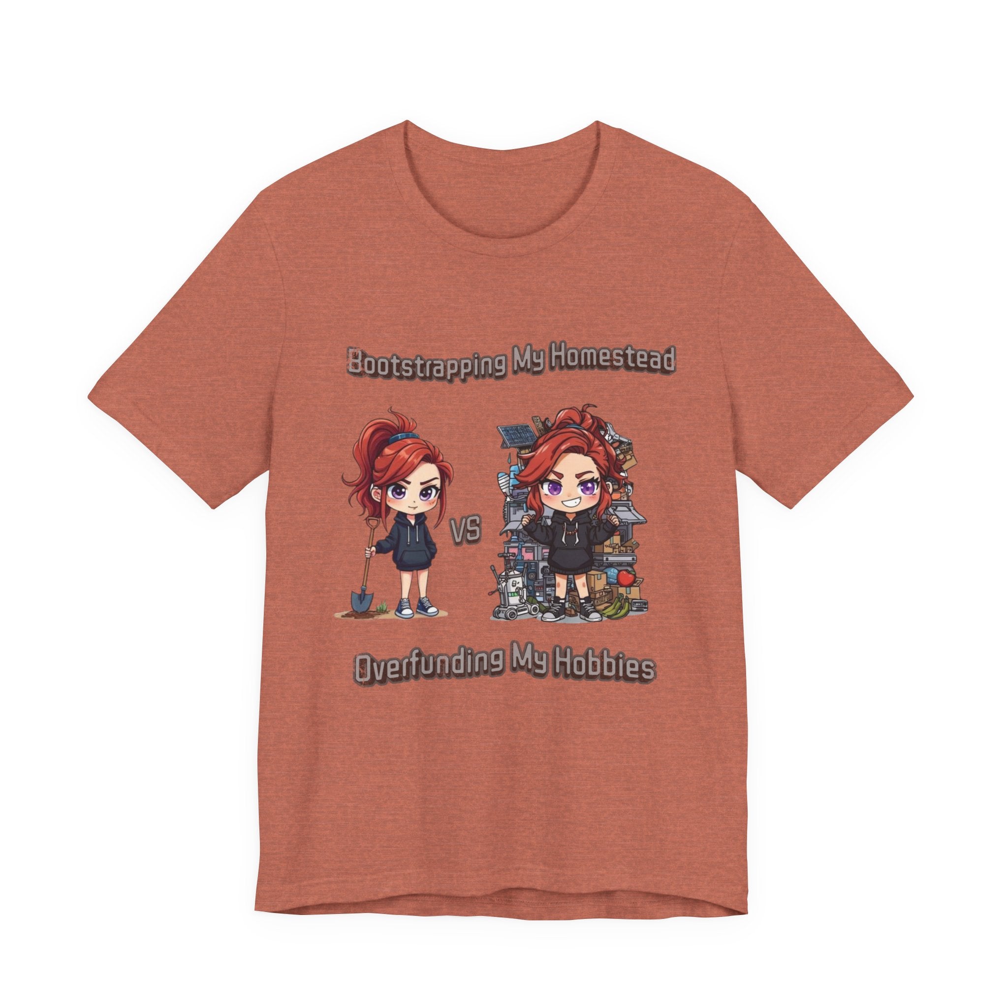 Homesteading vs Hobbies T-Shirt | Cute Chibi Woman Illustration, Funny Contrast Tee
