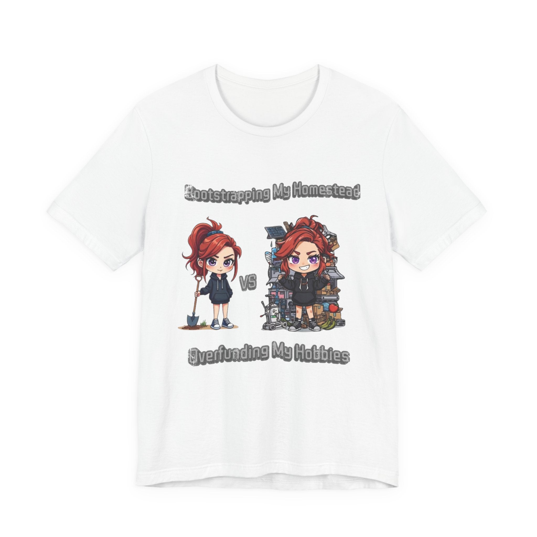 Homesteading vs Hobbies T-Shirt | Cute Chibi Woman Illustration, Funny Contrast Tee