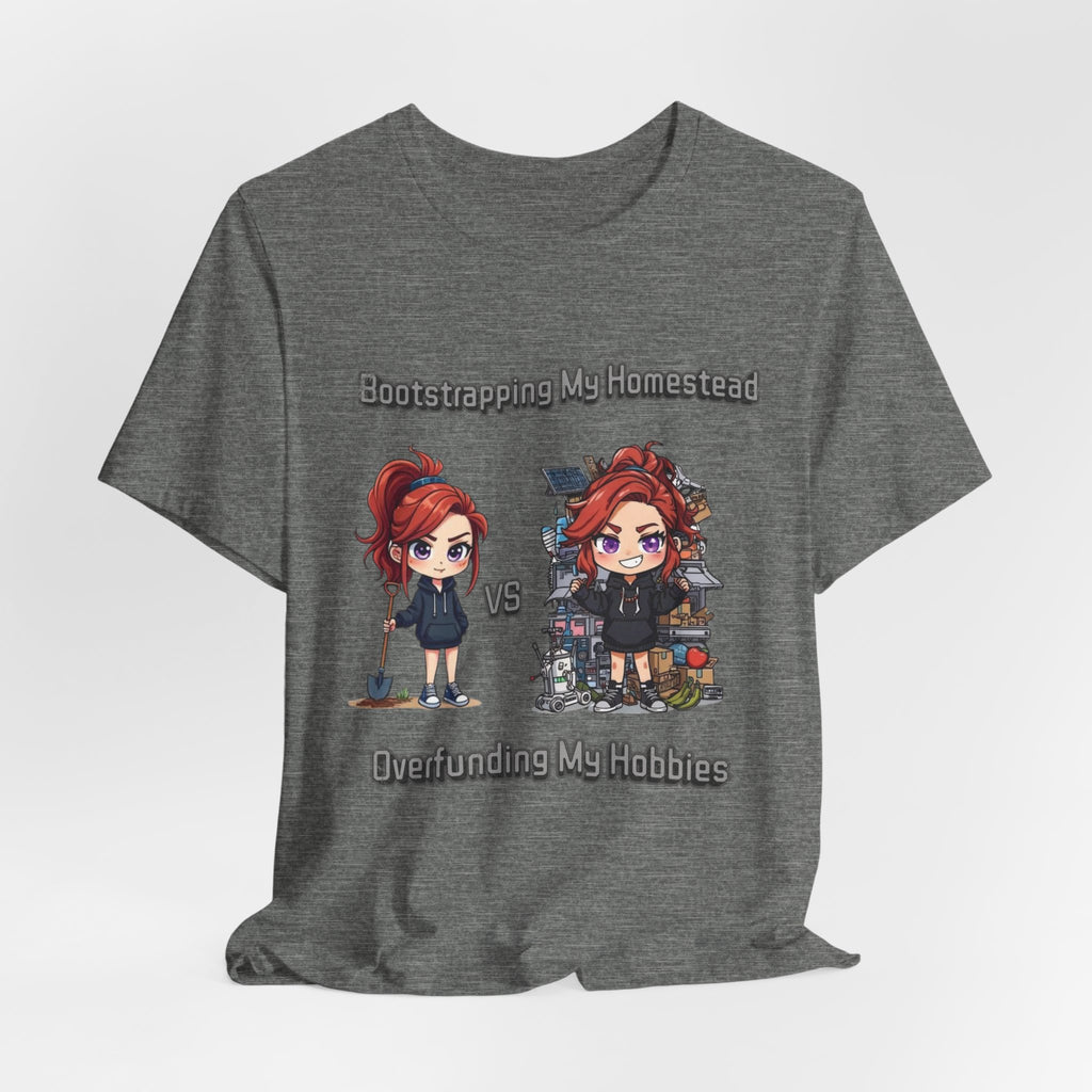 Homesteading vs Hobbies T-Shirt | Cute Chibi Woman Illustration, Funny Contrast Tee