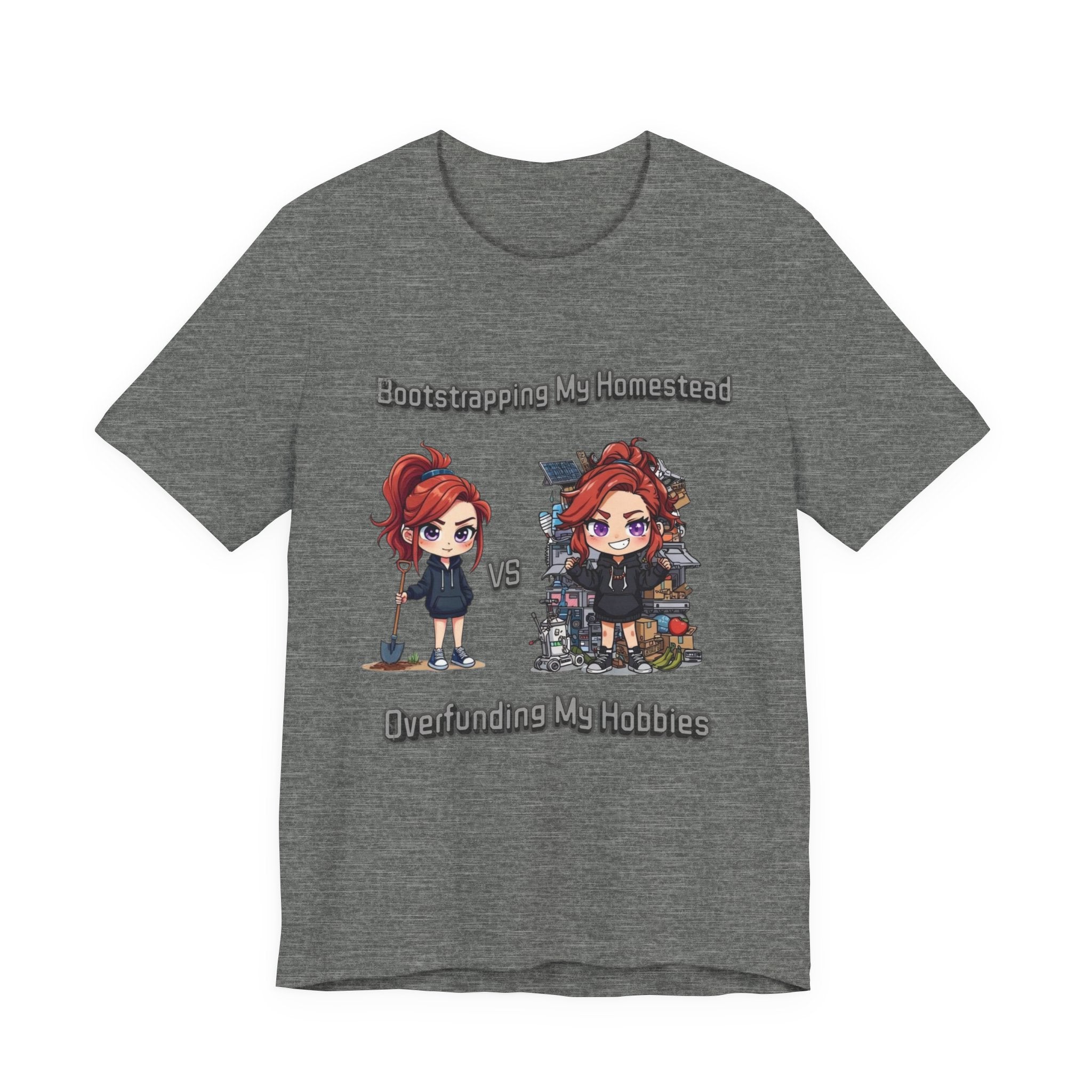 Homesteading vs Hobbies T-Shirt | Cute Chibi Woman Illustration, Funny Contrast Tee