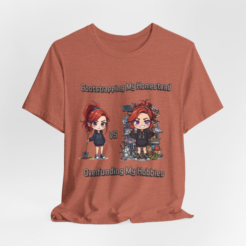 Homesteading vs Hobbies T-Shirt | Cute Chibi Woman Illustration, Funny Contrast Tee