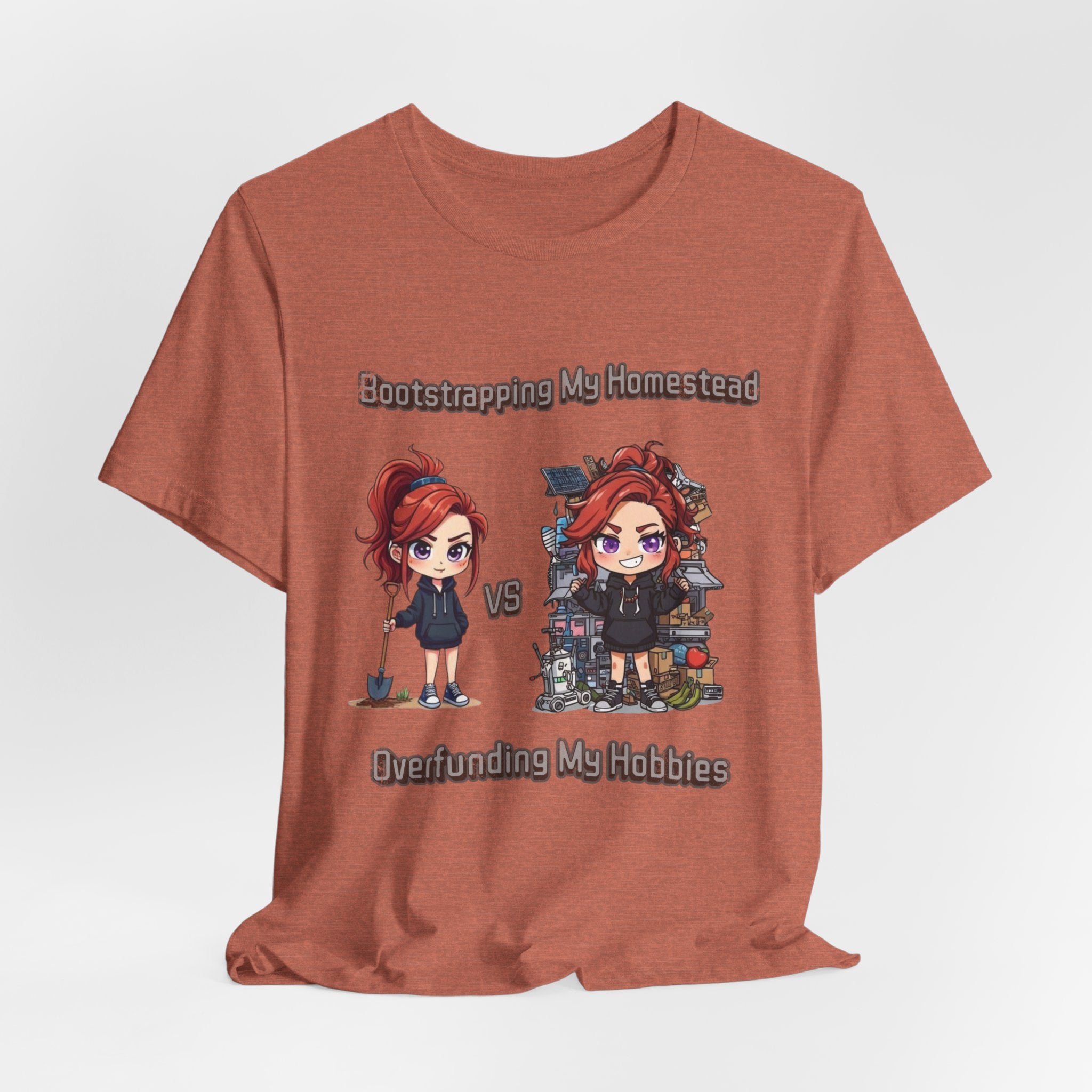 Homesteading vs Hobbies T-Shirt | Cute Chibi Woman Illustration, Funny Contrast Tee