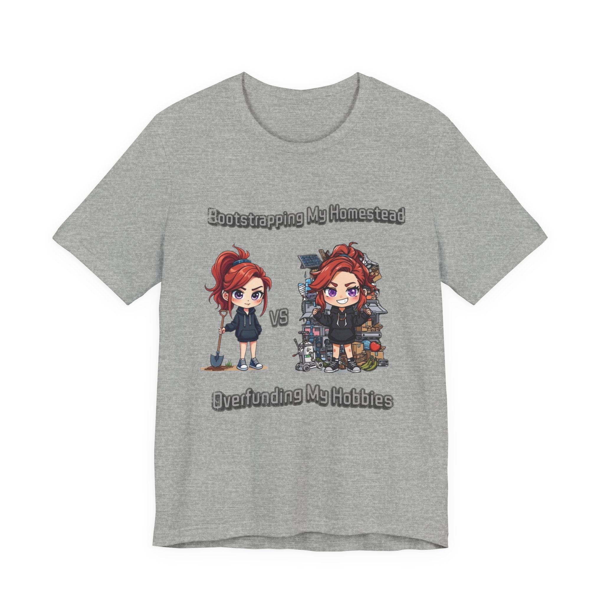 Homesteading vs Hobbies T-Shirt | Cute Chibi Woman Illustration, Funny Contrast Tee