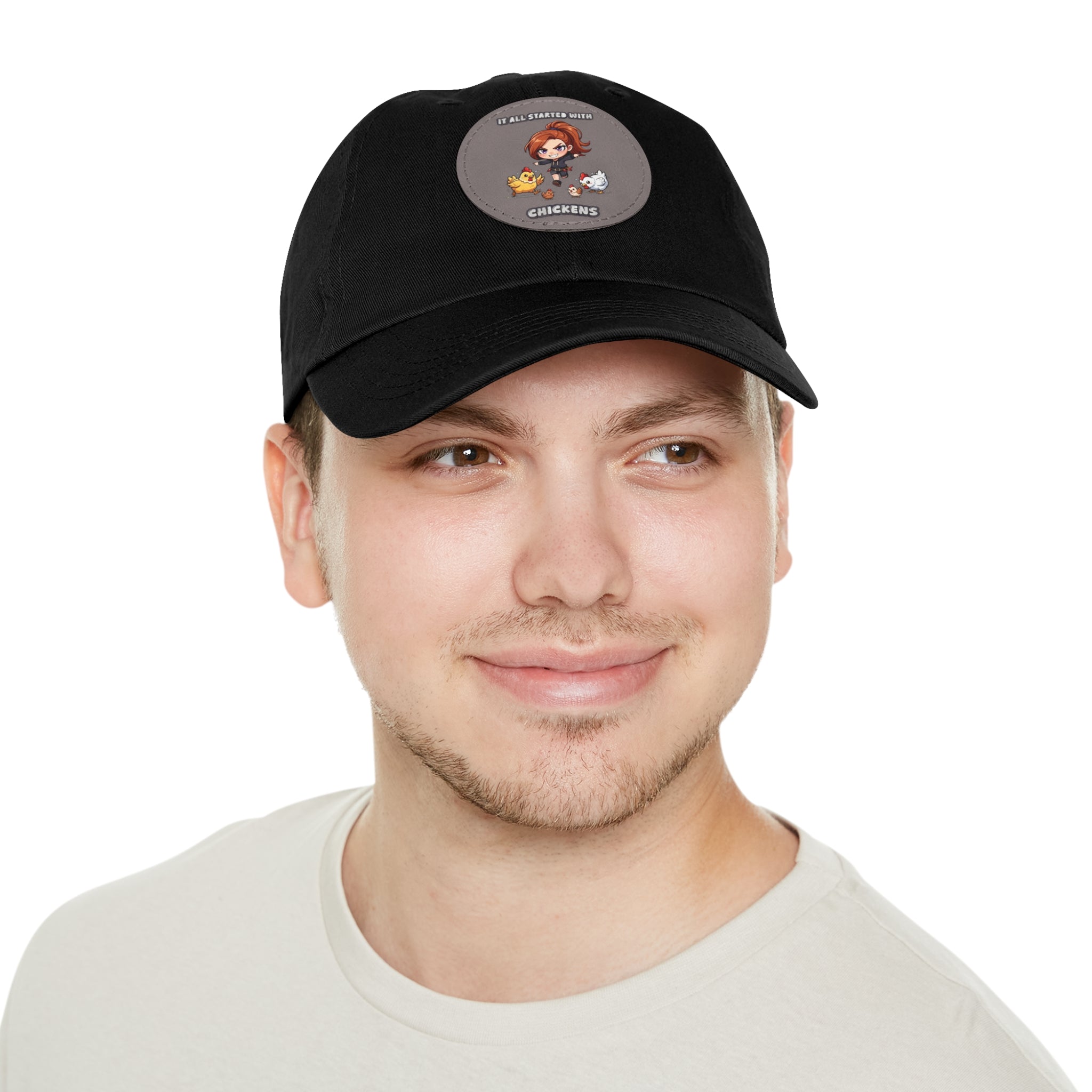 'It All Started With Chickens' Leather Patch Cap