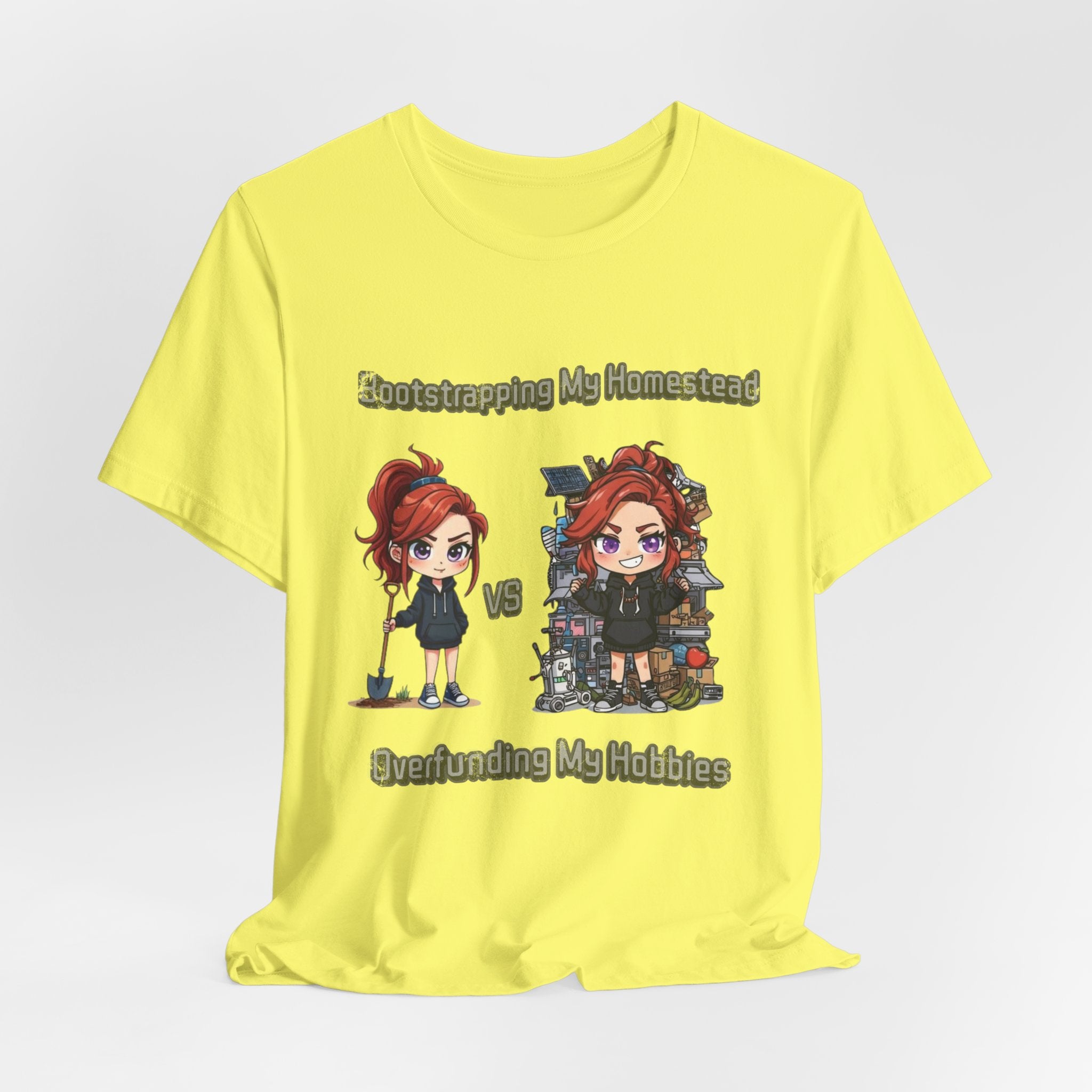 Homesteading vs Hobbies T-Shirt | Cute Chibi Woman Illustration, Funny Contrast Tee