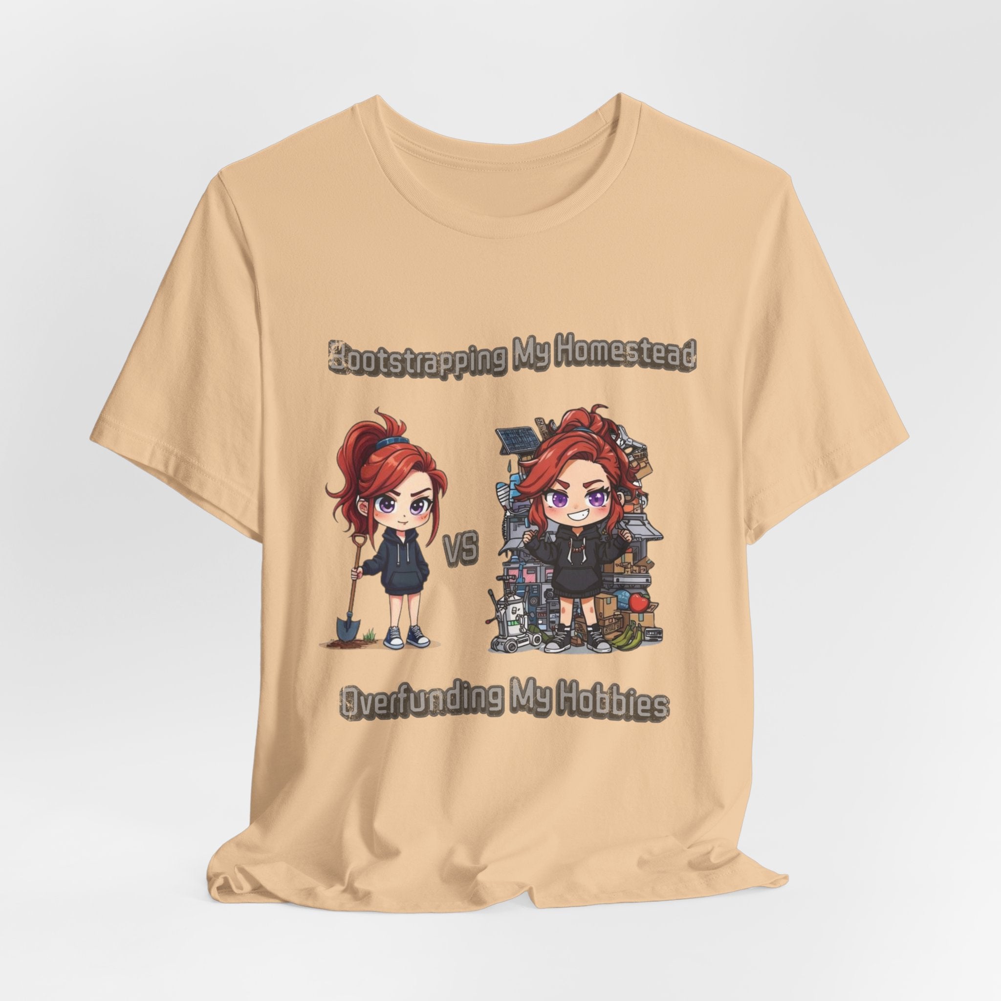 Homesteading vs Hobbies T-Shirt | Cute Chibi Woman Illustration, Funny Contrast Tee