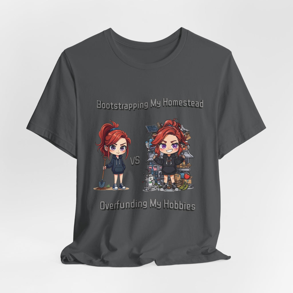 Homesteading vs Hobbies T-Shirt | Cute Chibi Woman Illustration, Funny Contrast Tee