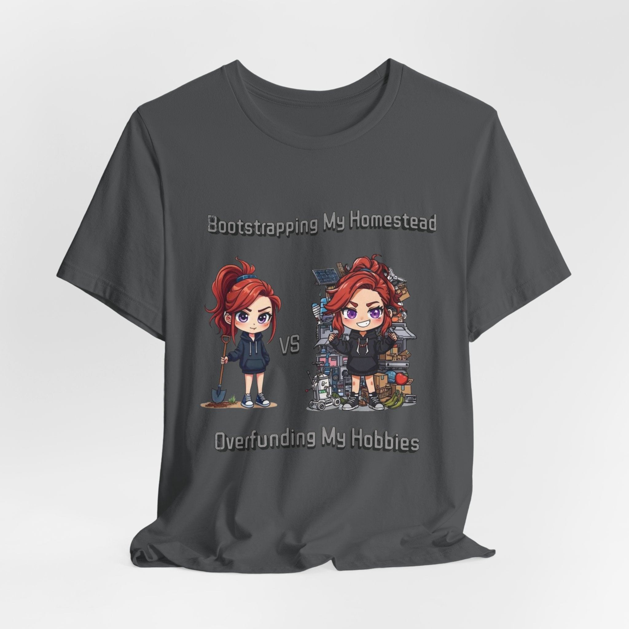 Homesteading vs Hobbies T-Shirt | Cute Chibi Woman Illustration, Funny Contrast Tee