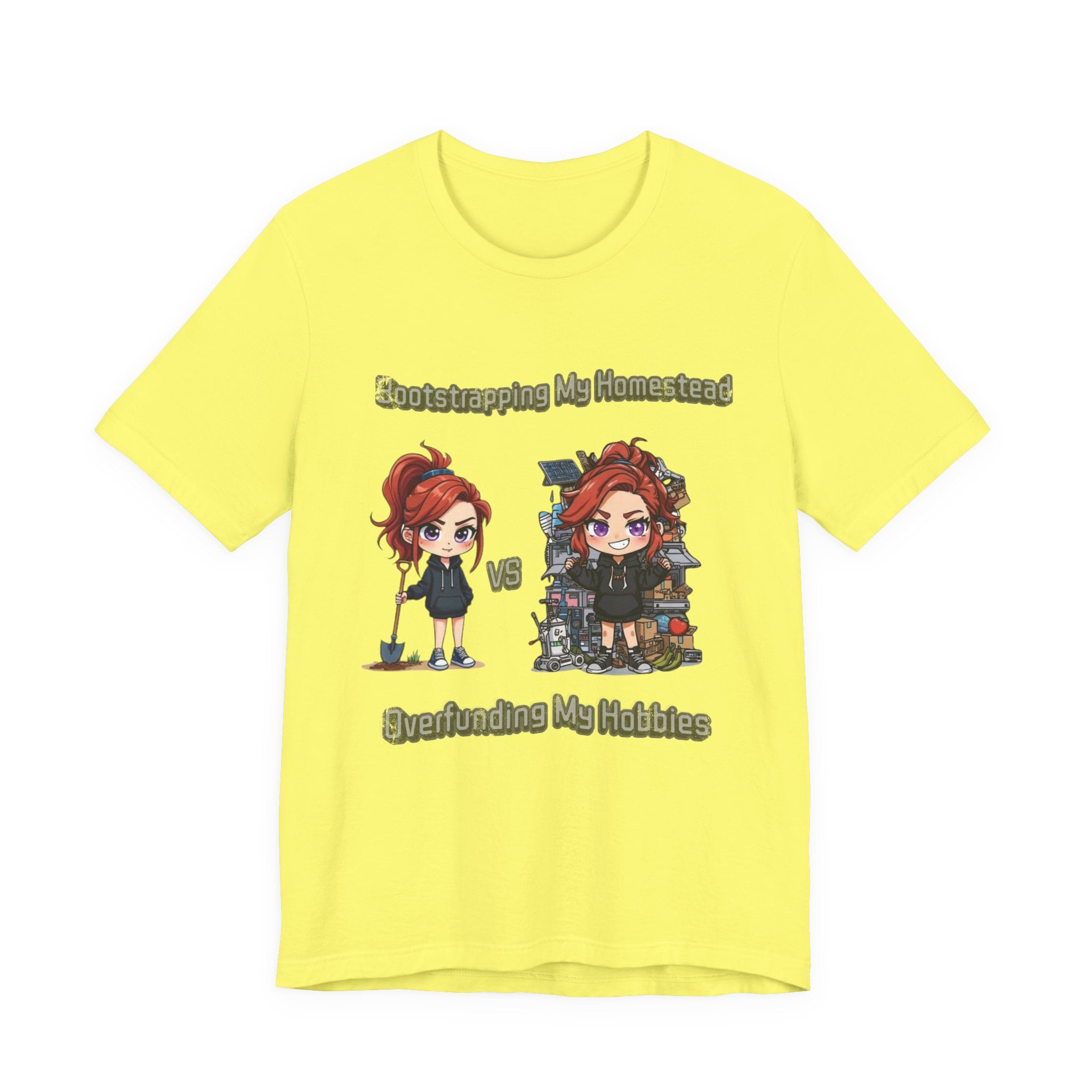 Homesteading vs Hobbies T-Shirt | Cute Chibi Woman Illustration, Funny Contrast Tee