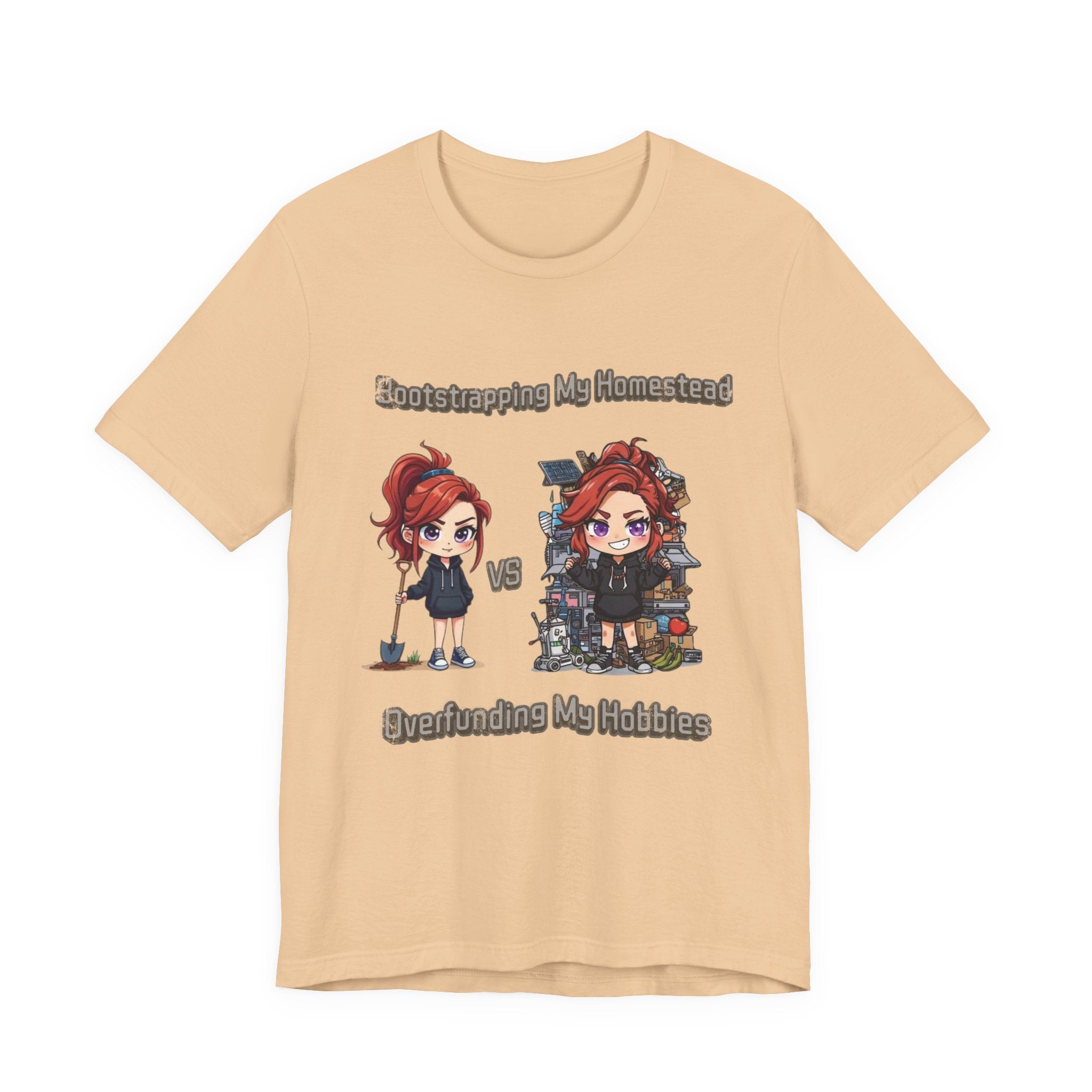 Homesteading vs Hobbies T-Shirt | Cute Chibi Woman Illustration, Funny Contrast Tee