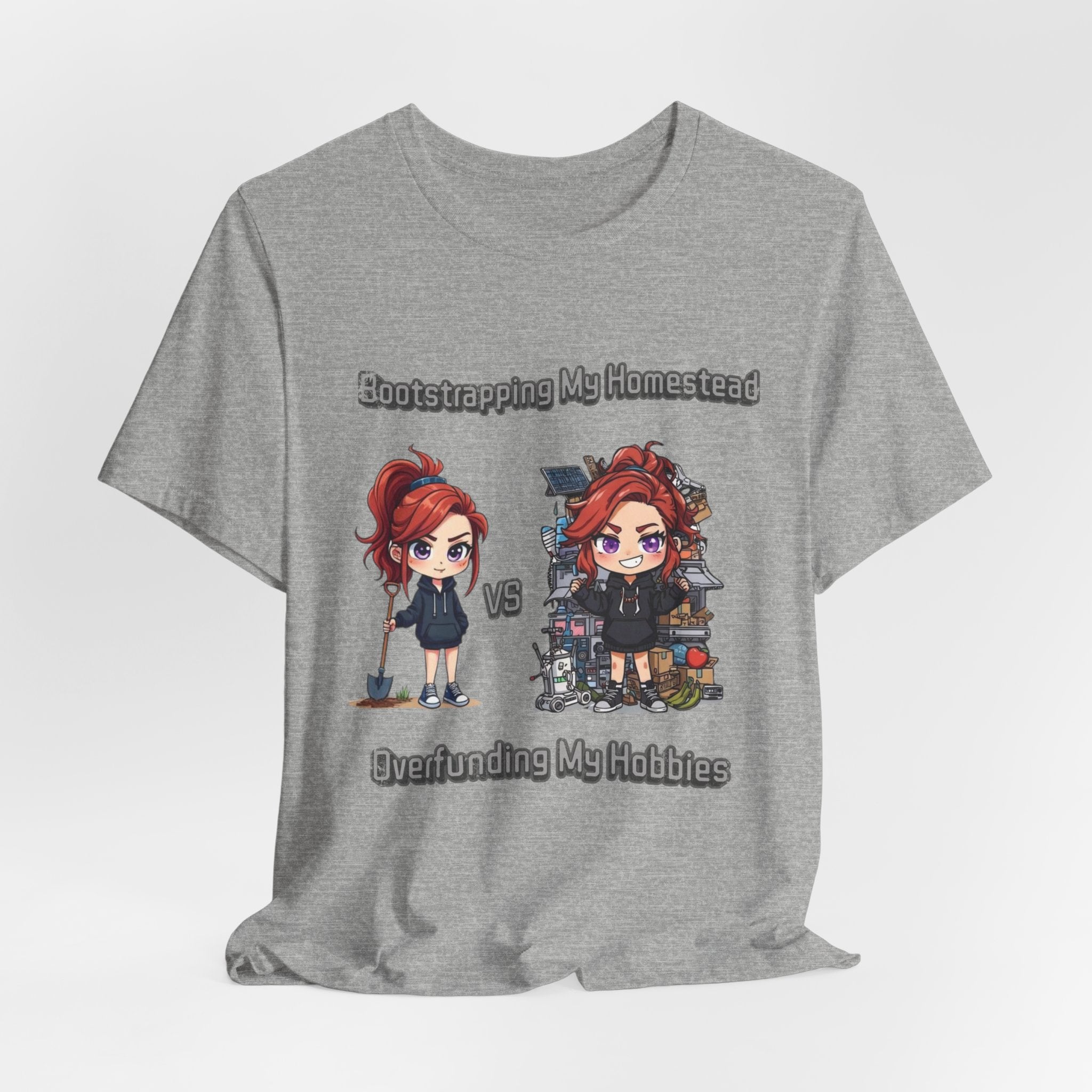 Homesteading vs Hobbies T-Shirt | Cute Chibi Woman Illustration, Funny Contrast Tee