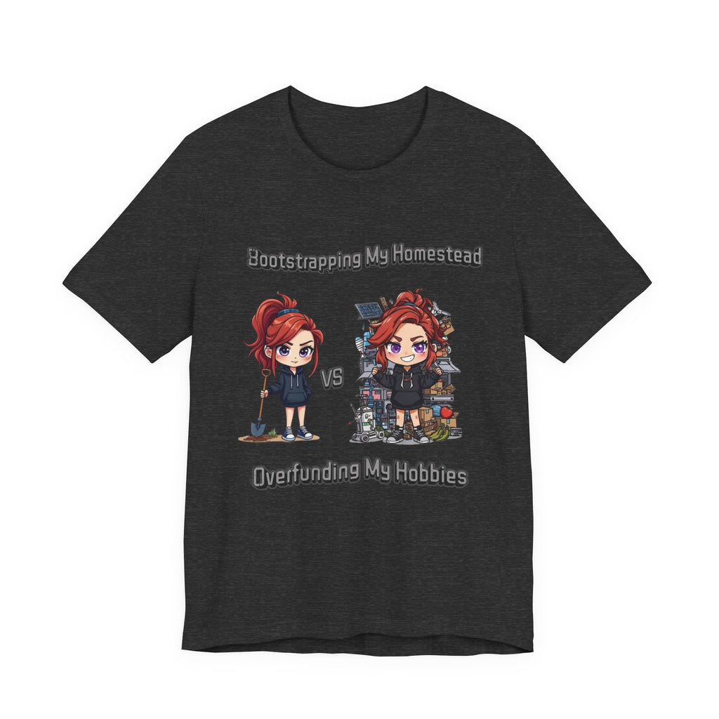 Homesteading vs Hobbies T-Shirt | Cute Chibi Woman Illustration, Funny Contrast Tee