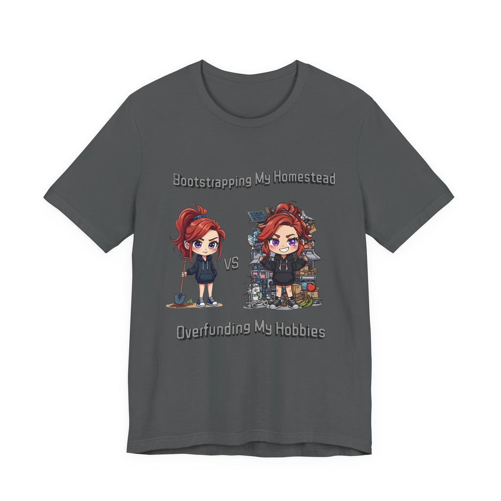 Homesteading vs Hobbies T-Shirt | Cute Chibi Woman Illustration, Funny Contrast Tee